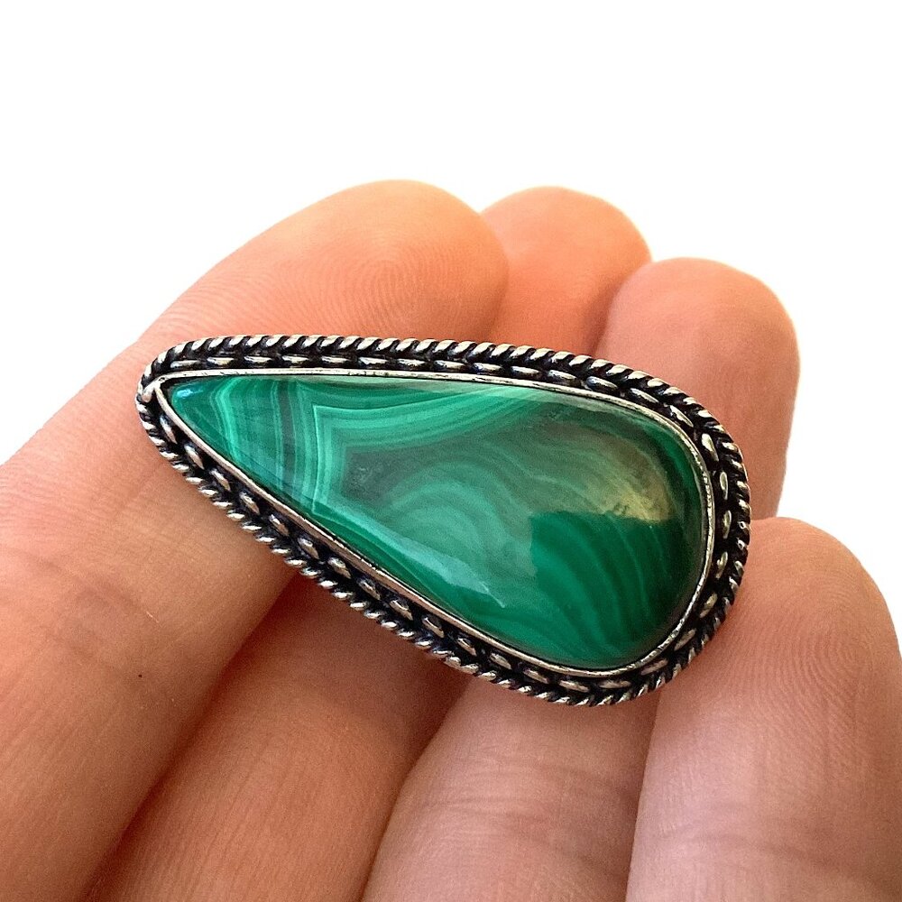 Big Malachite Stone Ring, Vintage Estate, Green and Silver, Statement Boho